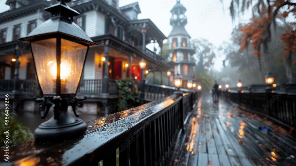 Poster a foggy scene showcasing a historic mansion with lit lanterns lining the wooden path, creating a mys