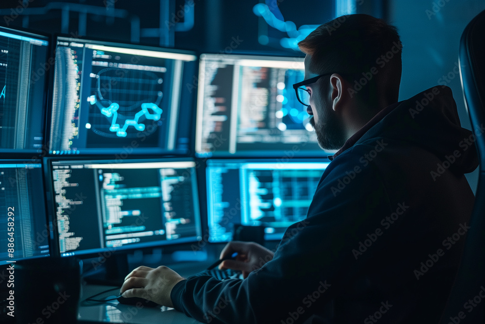 Poster diligent data center cybersecurity administrator monitoring and maintaining mission-critical cloud i