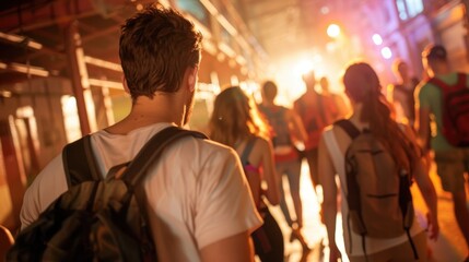 Obraz premium A group of people walk through a brightly lit street, casting long shadows as the golden hour sunlight illuminates their path and creates a warm, vibrant atmosphere.
