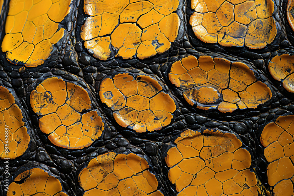 Poster background texture of snake skin with a black pattern on a yellow orange background in the style of 
