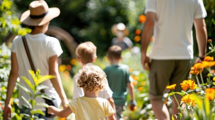 Fototapeta premium A family strolls through a vibrant garden filled with colorful blooming flowers, encapsulating the beauty and harmony of nature, while enjoying a serene and peaceful outing.