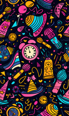 2D illustrated New Year card in a cute graphic style seamless pattern.