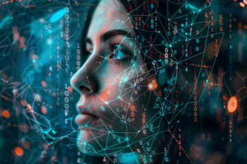 Digital Head Featuring a Female Face Overlaid with a Matrix of Numerals, Dots, and Interconnected Links - Symbolic Imagery Representing the Fusion of AI and the Human Condition