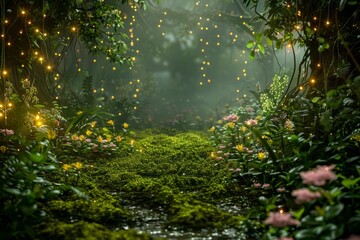 Obraz premium An empty stage in a magical fairy glen, with a carpet of soft moss, flowers glowing in the twilight, and tiny fairy lights fluttering around. 