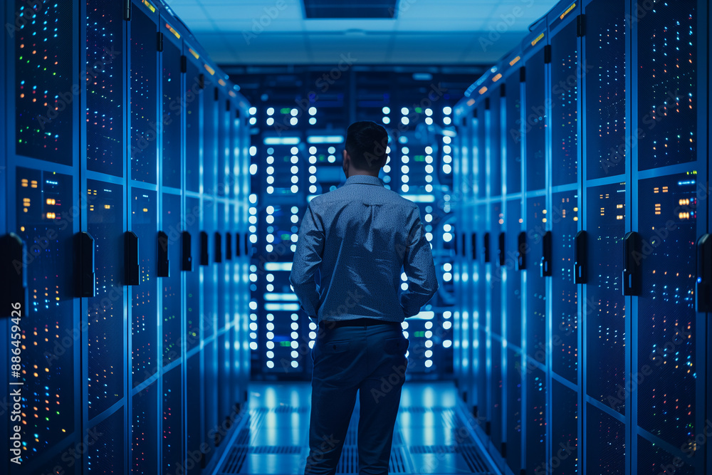 Poster diligent data center cybersecurity administrator monitoring and maintaining mission-critical cloud i