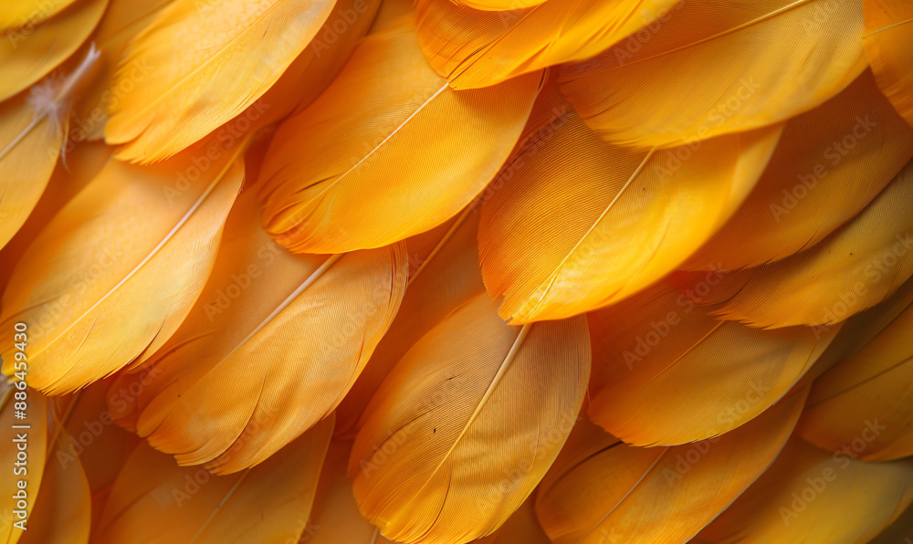 Poster abstract background with a golden yellow feather texture. close-up view of bird feathers in a warm c