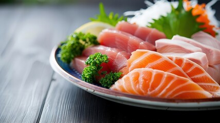 A vibrant platter of sashimi showcasing a colorful array of meticulously sliced fish.
