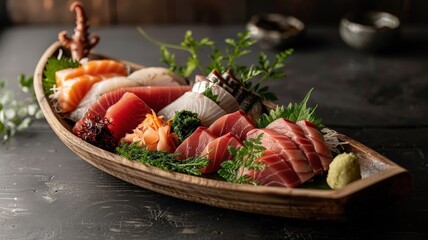 A traditional Japanese sashimi boat overflowing with various types of sashimi.