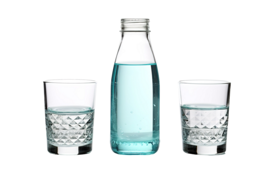 A Clear Glass Bottle and Two Tumblers Filled With Refreshing Aqua Water on a White or Clear Surface PNG Transparent Background - Powered by Adobe