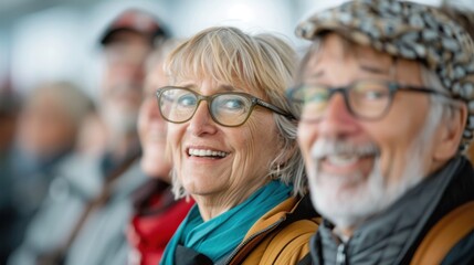 Elderly individuals gathered together, dressed warmly with scenic views in the background, evoking a sense of community, bonding, and shared experiences in an outdoor setting.