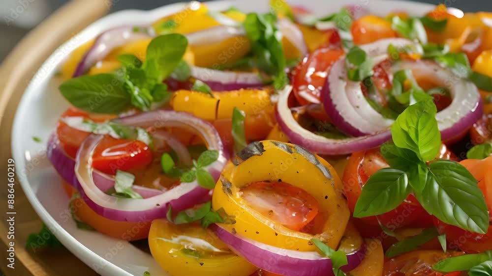 Poster a vibrant and colorful salad with grilled onions adding depth and smokiness to each bite.