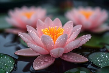 Serene Pink Lotus Flowers with Dew Drops on Water Surface - Ideal for Nature, Relaxation, or Spa Themes