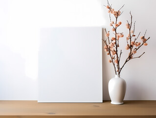 Minimalistic decor with a white canvas and a vase of peach blooms on a wooden shelf.