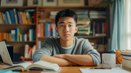 Focused Chinese Male Student in Casual Attire Studying at a Desk, Surrounded by Books and a Laptop in a Library Setting