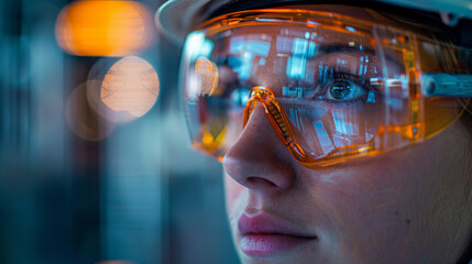 A woman wearing orange safety goggles is looking at something