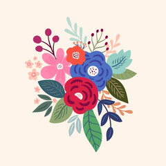 Beautiful romantic flower composition with roses, leaves, and floral bouquets	