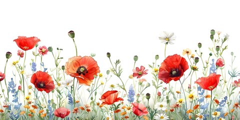 Wildflower Meadow Pattern Watercolor Red Poppies and Daisies on White. Concept Floral, Watercolor, Wildflower Meadow, Red Poppies, Daisies