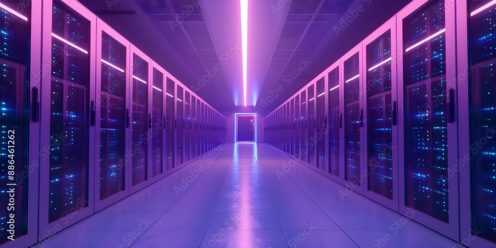 Poster rows of server racks in a data center illuminated by neon lights. concept data center, server racks,