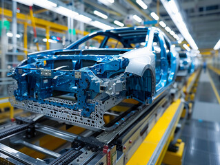 Blue Car Body Frame on Assembly Line in Automotive Factory