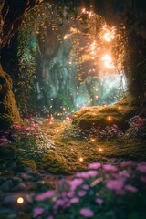 Obraz premium An empty stage in a magical fairy glen, with a carpet of soft moss, flowers glowing in the twilight, and tiny fairy lights fluttering around. 