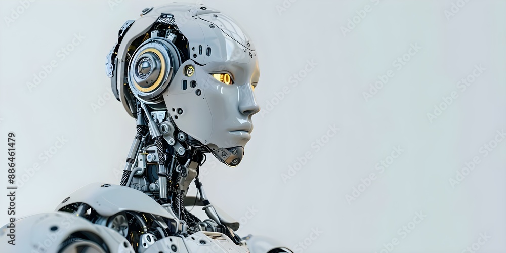 Poster advanced humanoid robot with ai seamlessly integrates into society enhancing human abilities. concep