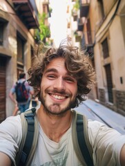 Fototapeta premium A person on a hike takes a self-portrait photo with their backpack