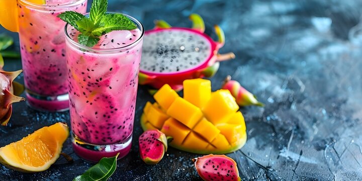 Marble table with a glass of mango dragonfruit refresher and pitaya fruits. Concept Food Photography, Fresh Juices, Exotic Fruits, Table Setting, Vibrant Colors