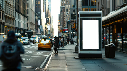 A mockup of a vertical banner at a bus stop. A busy city street with a large white billboard. The...