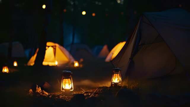 A campsite at night with tents lit up by solarpowered lanterns and campfires providing a cozy and ecofriendly atmosphere.