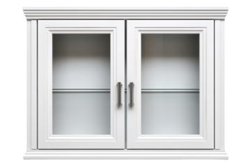White Cabinet With Glass Doors and Metal Handles, Isolated on White Background on a White or Clear Surface PNG Transparent Background