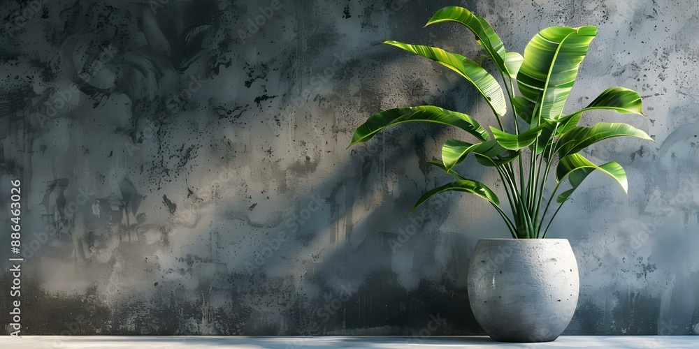 Poster creating a 3d rendering of a decorative banana plant in a concrete vase. concept 3d rendering, decor