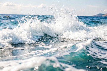 A close up image capturing the movement of a wave on the surface of the ocean