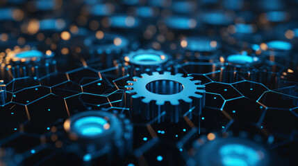 Glowing blue gears on digital grid. Configuration and settings concept with copy space.