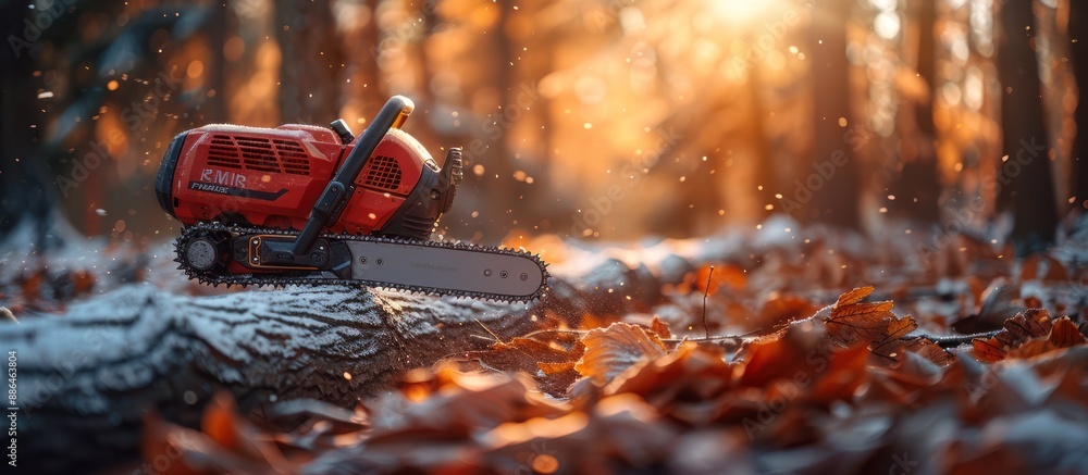 Wall mural Chainsaw Resting in Autumn Forest