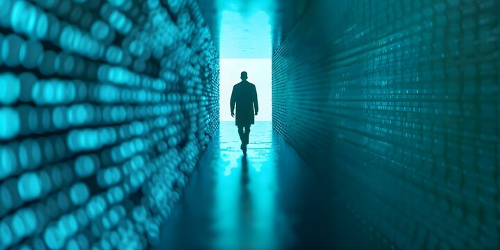 Businessman entering digital metaverse for work and networking opportunities. Concept Digital Metaverse, Networking Opportunities, Business Expansion, Virtual Work Environment, Professional Growth