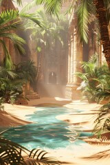 Fototapeta premium An empty stage in a mystical desert oasis, with palm trees, a sparkling blue pool, and a golden sand floor under a bright, clear sky. 