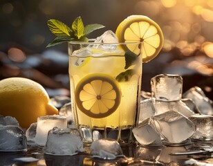 A close up of a steamy glass of lemonade with a slice of citrus and ice cubes on the bottom of the glass, with a blurry background. Food and drink background