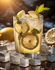 A close up of a steamy glass of lemonade with a slice of citrus and ice cubes on the bottom of the glass, with a blurry background. Food and drink background