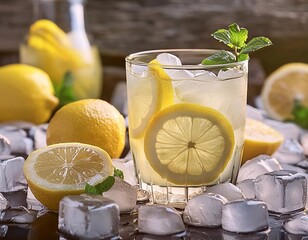 A close up of a steamy glass of lemonade with a slice of citrus and ice cubes on the bottom of the glass, with a blurry background. Food and drink background