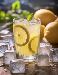 A close up of a steamy glass of lemonade with a slice of citrus and ice cubes on the bottom of the glass, with a blurry background. Food and drink background