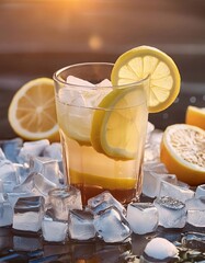 A close up of a steamy glass of lemonade with a slice of citrus and ice cubes on the bottom of the glass, with a blurry background. Food and drink background