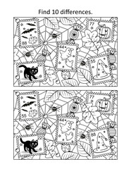 Fototapeta premium Halloween difference game with spiderweb, postage stamps, candy, falling leaves 