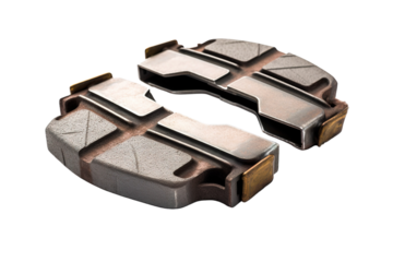 Metallic Brake Pads, A Close-Up View of Essential Automotive Components on a White or Clear Surface PNG Transparent Background