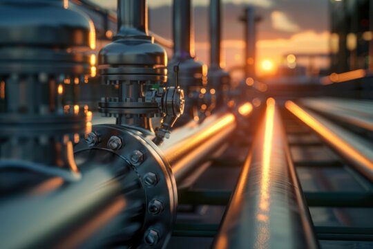 Industrial Piping System at Sunset, Close Up View of Steel Pipes and Valves in a Refinery or Chemical Plant - Powered by Adobe