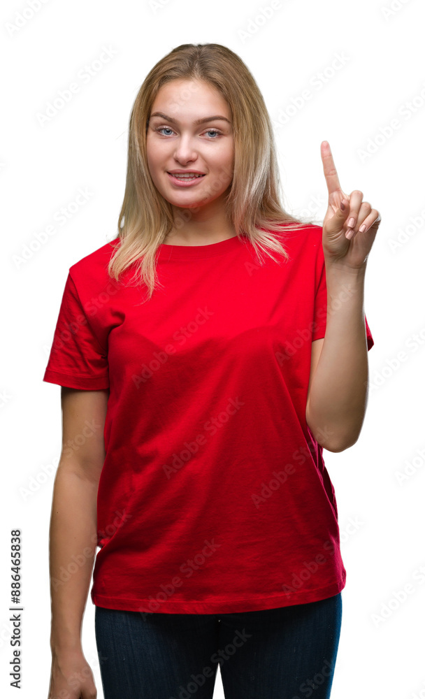 Poster Young caucasian woman over isolated background showing and pointing up with finger number one while smiling confident and happy.