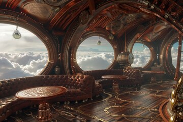 An empty stage in a steampunk airship, with brass and copper machinery, large portholes showing the clouds outside, and leather-bound furniture. 