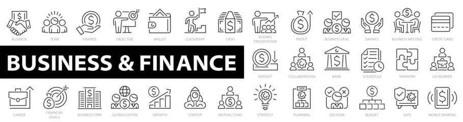 Business and Finance web icon set. Business icons. Finance web icon collection. loan, cash, saving, financial goal, profit, budget, mutual fund, earning money and more. Vector illustration
