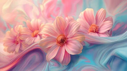 Fototapeta premium Flowers that appear to float in mid-air, surrounded by swirling, colorful backgrounds. 