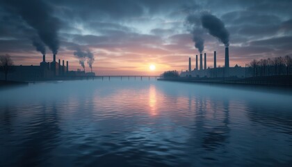 Fototapeta premium Stunning Sunset Over Industrial River, Smog and Pollution, Power Plant, Factory Chimneys, Environmental Impact, Sunrise, River, Water, Sky, Clouds, Nature, Industrial, Landscape, Photography
