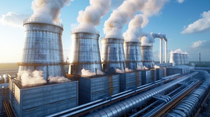 Obraz premium Industrial Plant with Smoke Stacks and Steam, Air Pollution and Environmental Impact, Hazardous Waste Management, Power Plant Emissions, Industrial Landscape, Environmental Concerns, Factory